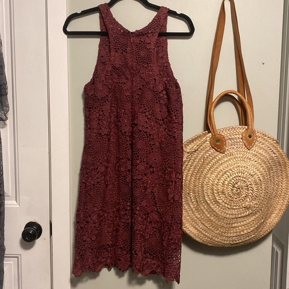 WAYF Anthropologie Brand | Burgundy Floral Lace Mini Dress - halter neckline - S - Picture 6 of 8